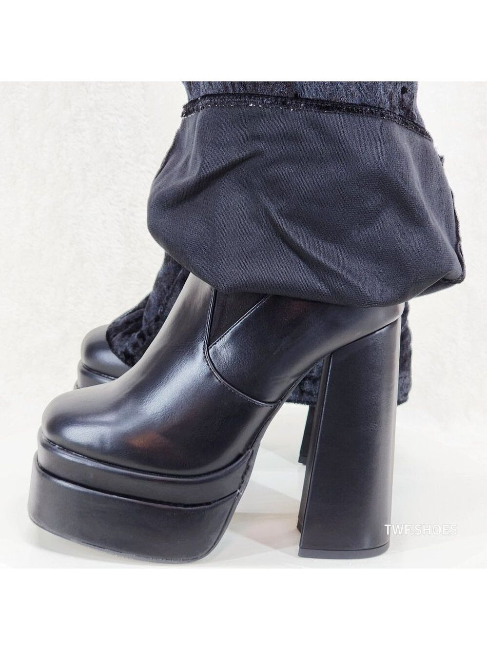 Unique Thigh High Black Velvet Fold over Skirted Chunky Heel Platform Boots - Picture 17 of 17